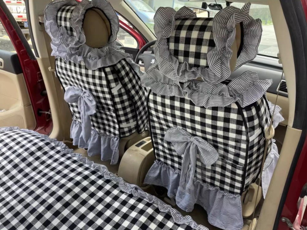 Tailored Jacquard Girly Bud Silk Seat Cushion Grid Lace Countryside Custom Automobile Car Seat Cover Sets - Black White