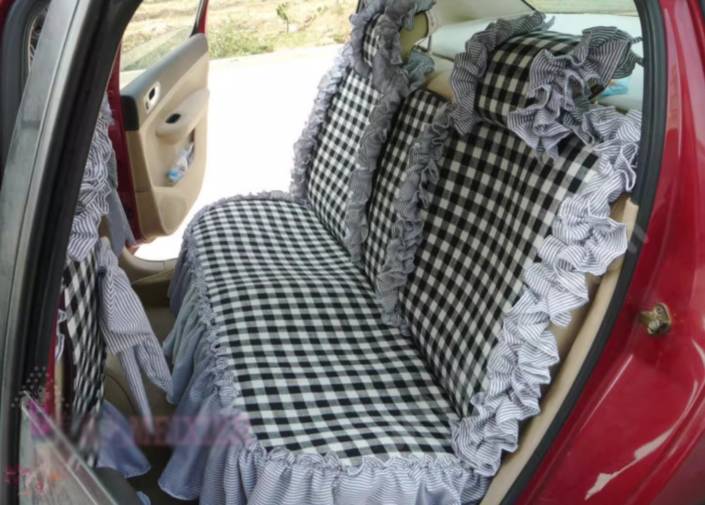 Tailored Jacquard Girly Bud Silk Seat Cushion Grid Lace Countryside Custom Automobile Car Seat Cover Sets - Black White