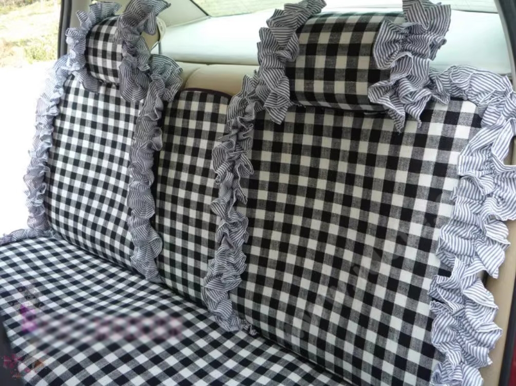 Tailored Jacquard Girly Bud Silk Seat Cushion Grid Lace Countryside Custom Automobile Car Seat Cover Sets - Black White