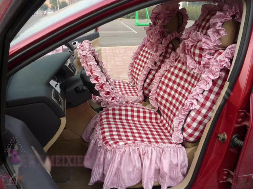 Tailored Jacquard Girly Bud Silk Seat Cushion Grid Lace Countryside Custom Automobile Car Seat Cover Sets - Red