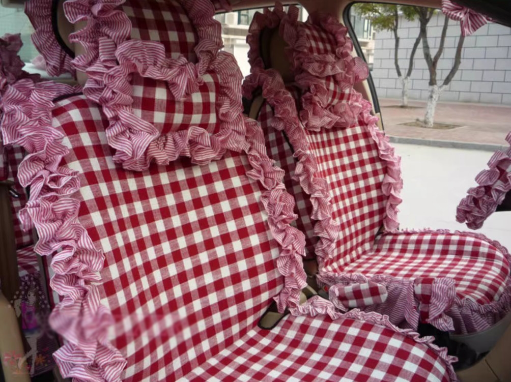 Tailored Jacquard Girly Bud Silk Seat Cushion Grid Lace Countryside Custom Automobile Car Seat Cover Sets - Red