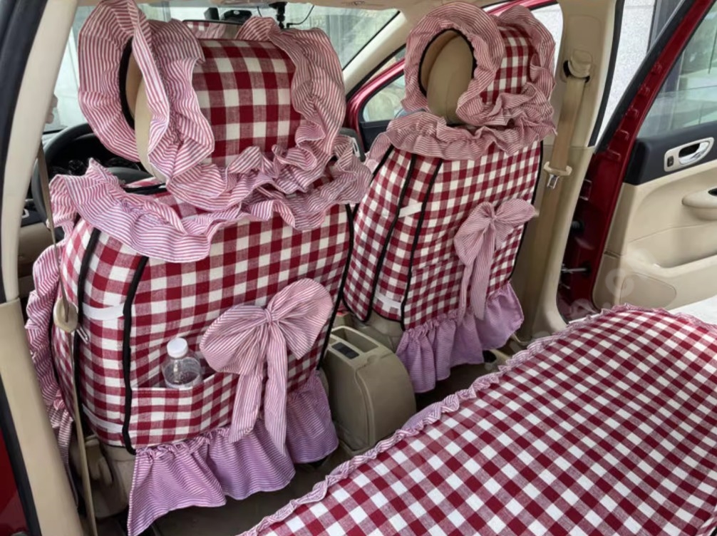 Tailored Jacquard Girly Bud Silk Seat Cushion Grid Lace Countryside Custom Automobile Car Seat Cover Sets - Red