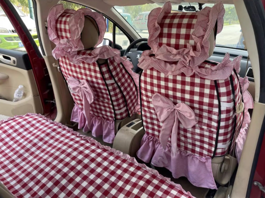 Tailored Jacquard Girly Bud Silk Seat Cushion Grid Lace Countryside Custom Automobile Car Seat Cover Sets - Red