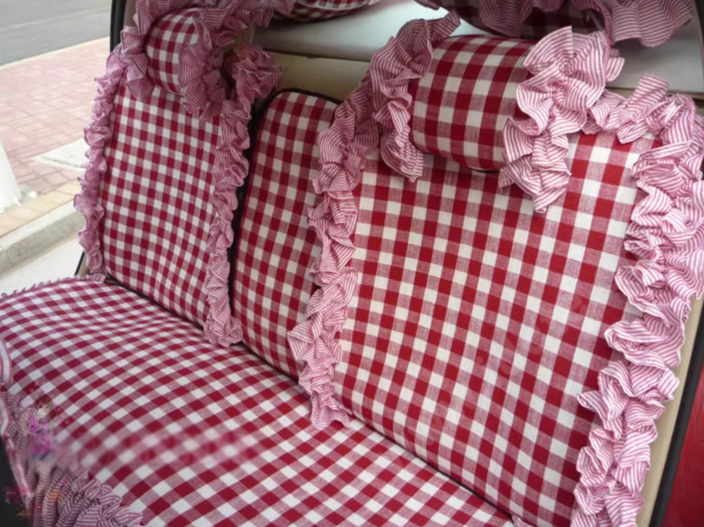 Tailored Jacquard Girly Bud Silk Seat Cushion Grid Lace Countryside Custom Automobile Car Seat Cover Sets - Red