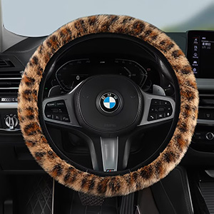 Classic Automobile Car Steering Wheel Cover Leopard Print Long Plush Diameter 15 inch 38CM - Brown