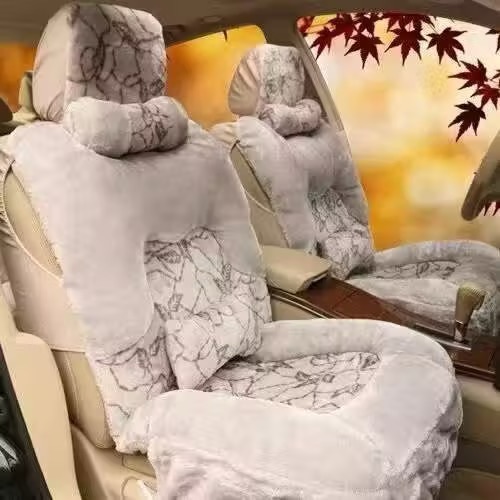 Fashion Winter Warmth Car Seat Cushion Universal Plush Automobile Covers 5pcs Sets - Leaf Gray