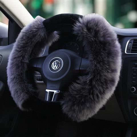 Luxury Long Fur Wool Winter Warmers Car Steering Wheel Covers Automobile Handle Sleeves 15 Inch 38CM - Black Grey 2