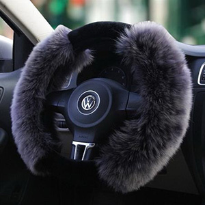 Luxury Long Fur Wool Winter Warmers Car Steering Wheel Covers Automobile Handle Sleeves 15 Inch 38CM - Black Grey 2