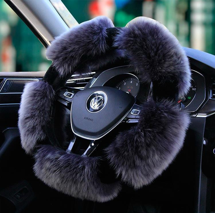 Luxury Long Fur Wool Winter Warmers Car Steering Wheel Covers Automobile Handle Sleeves 15 Inch 38CM - Black Grey