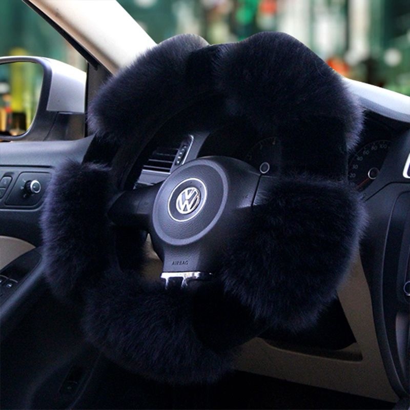 Luxury Long Fur Wool Winter Warmers Car Steering Wheel Covers Automobile Handle Sleeves 15 Inch 38CM - Black
