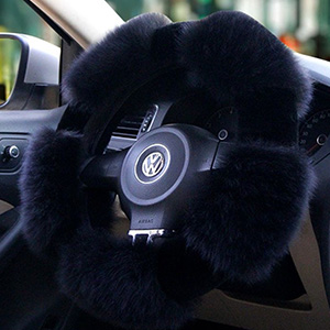 Luxury Long Fur Wool Winter Warmers Car Steering Wheel Covers Automobile Handle Sleeves 15 Inch 38CM - Black