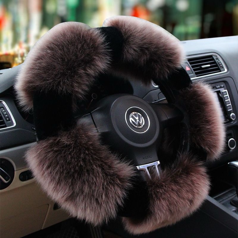 Luxury Long Fur Wool Winter Warmers Car Steering Wheel Covers Automobile Handle Sleeves 15 Inch 38CM - Brown