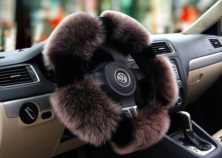 Luxury Long Fur Wool Winter Warmers Car Steering Wheel Covers Automobile Handle Sleeves 15 Inch 38CM - Brown