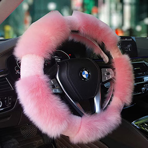 Luxury Long Fur Wool Winter Warmers Car Steering Wheel Covers Automobile Handle Sleeves 15 Inch 38CM - Pink