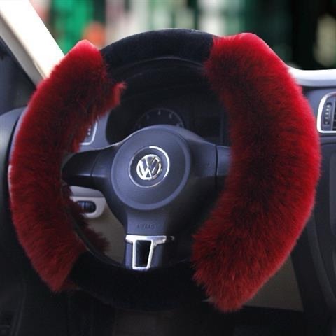 Luxury Long Fur Wool Winter Warmers Car Steering Wheel Covers Automobile Handle Sleeves 15 Inch 38CM - Red 2