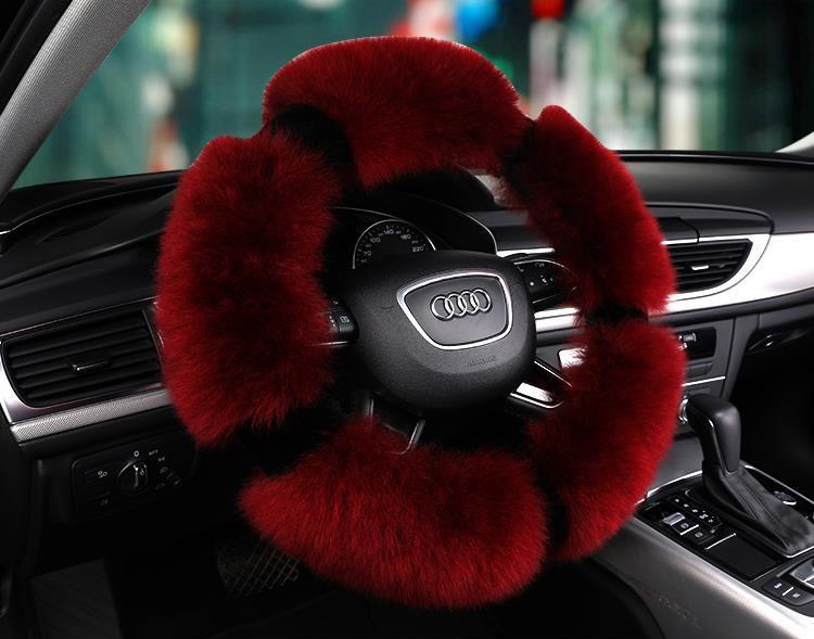 Luxury Long Fur Wool Winter Warmers Car Steering Wheel Covers Automobile Handle Sleeves 15 Inch 38CM - Red