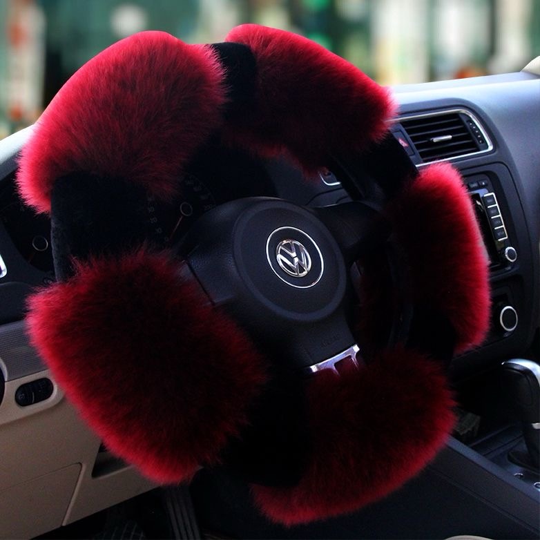 Luxury Long Fur Wool Winter Warmers Car Steering Wheel Covers Automobile Handle Sleeves 15 Inch 38CM - Red