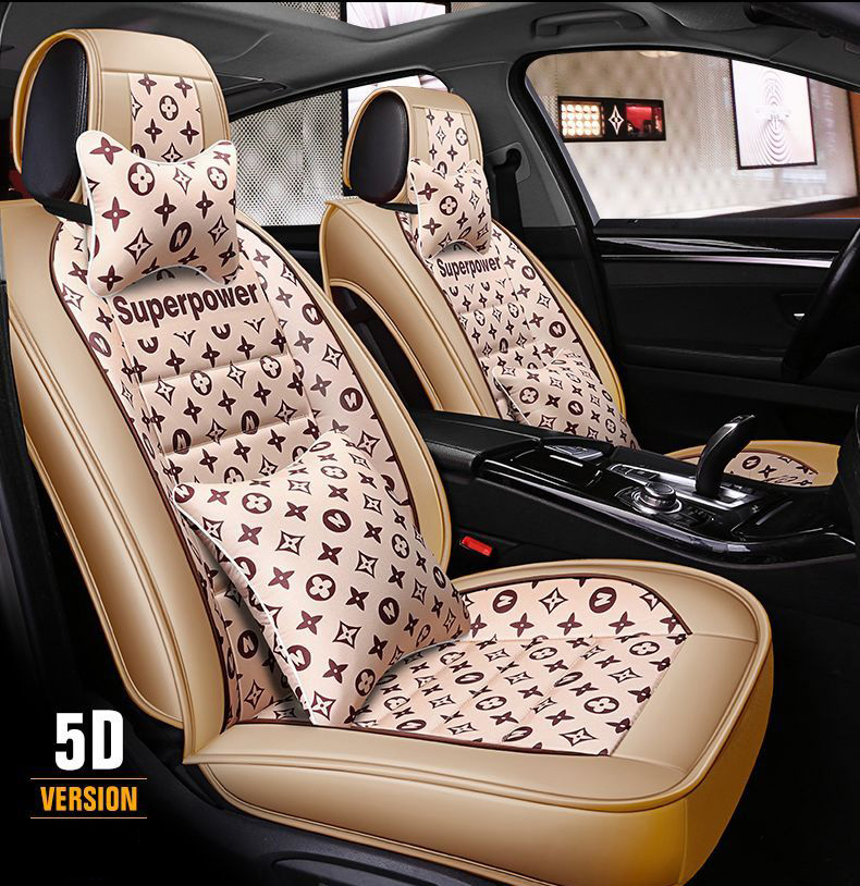 Luxury PU Leather Superpower Car Seat Covers Universal Pads Automobile Seat Cushions Pillows 11pcs - Beige
