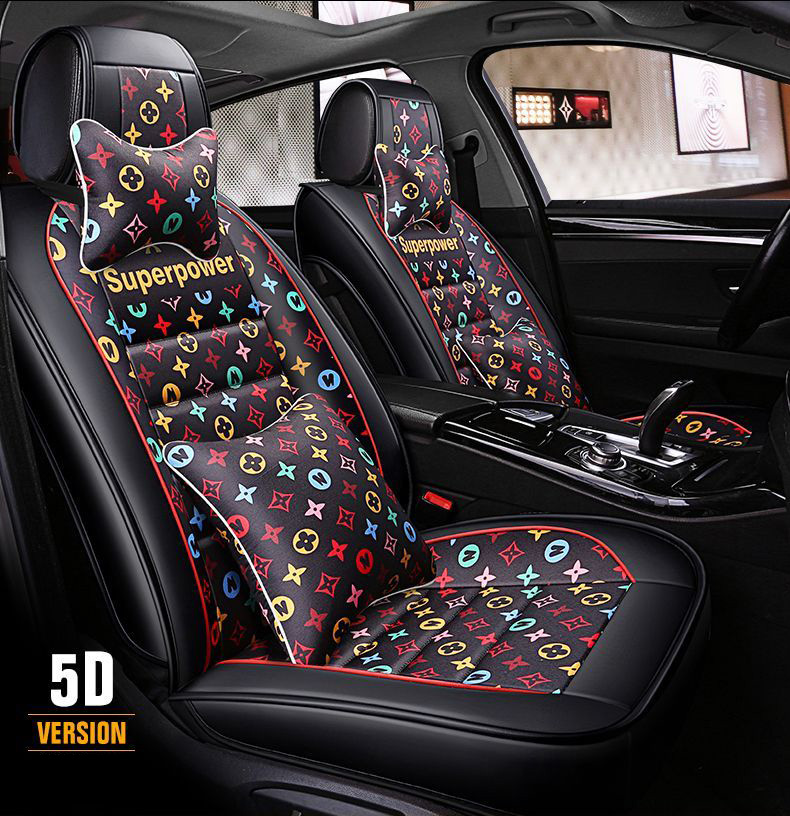 Luxury PU Leather Superpower Car Seat Covers Universal Pads Automobile Seat Cushions Pillows 11pcs - Black Colorful