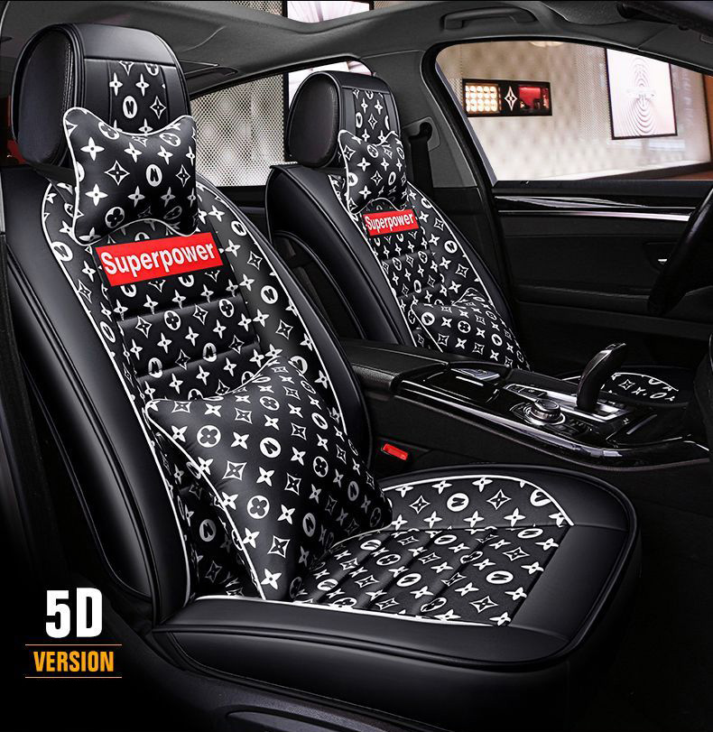 Luxury PU Leather Superpower Car Seat Covers Universal Pads Automobile Seat Cushions Pillows 11pcs - Black