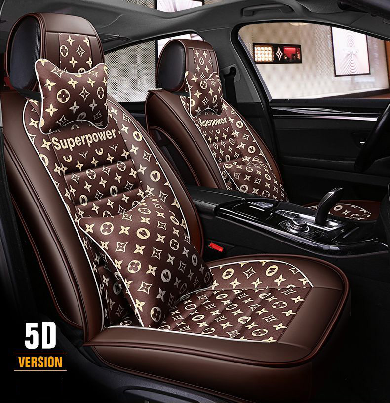 Luxury PU Leather Superpower Car Seat Covers Universal Pads Automobile Seat Cushions Pillows 11pcs - Coffee
