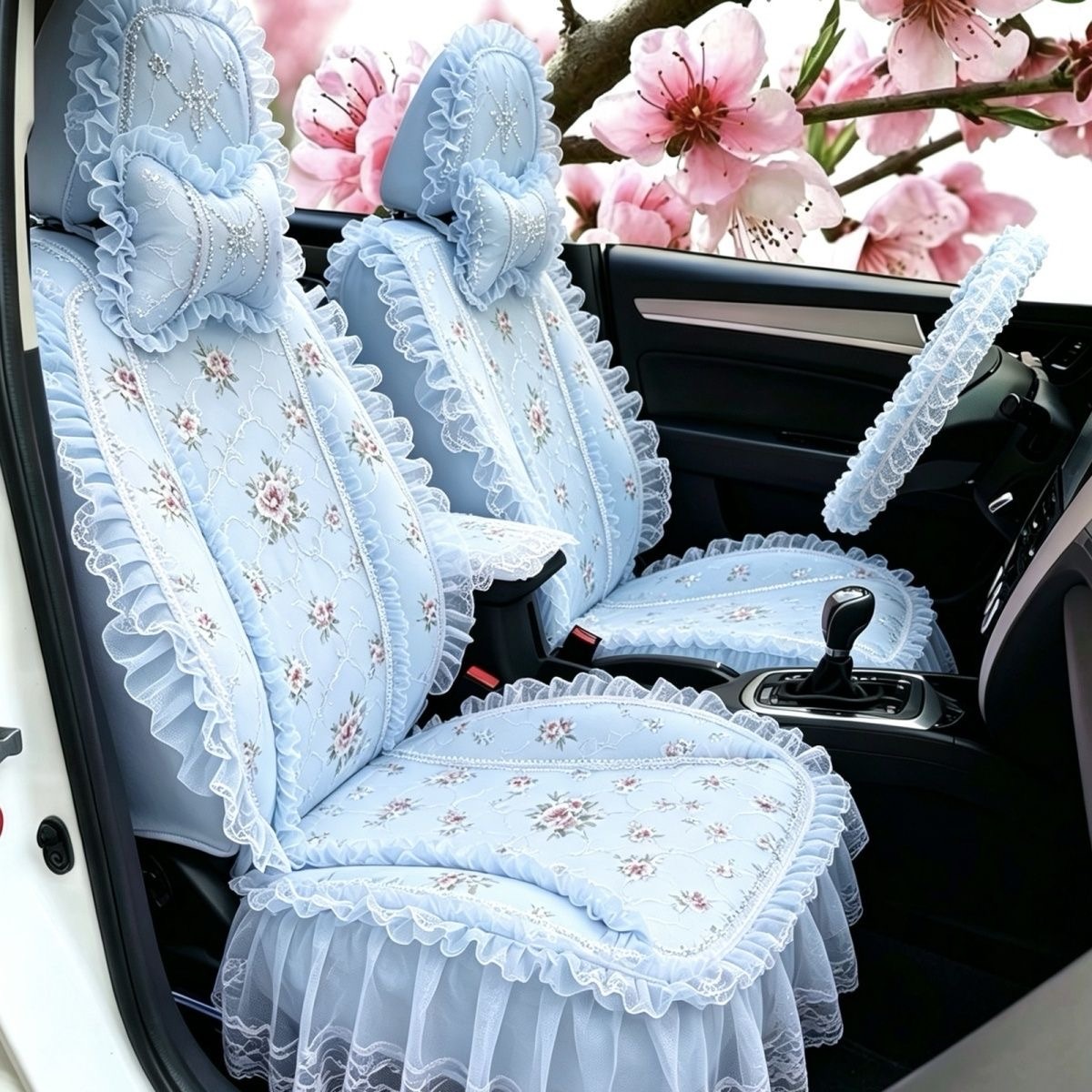 Luxury Universal Countryside lace Flower Car Seat Cover Bud Silk Floral Auto Seat Cushion 9pcs Sets - Blue