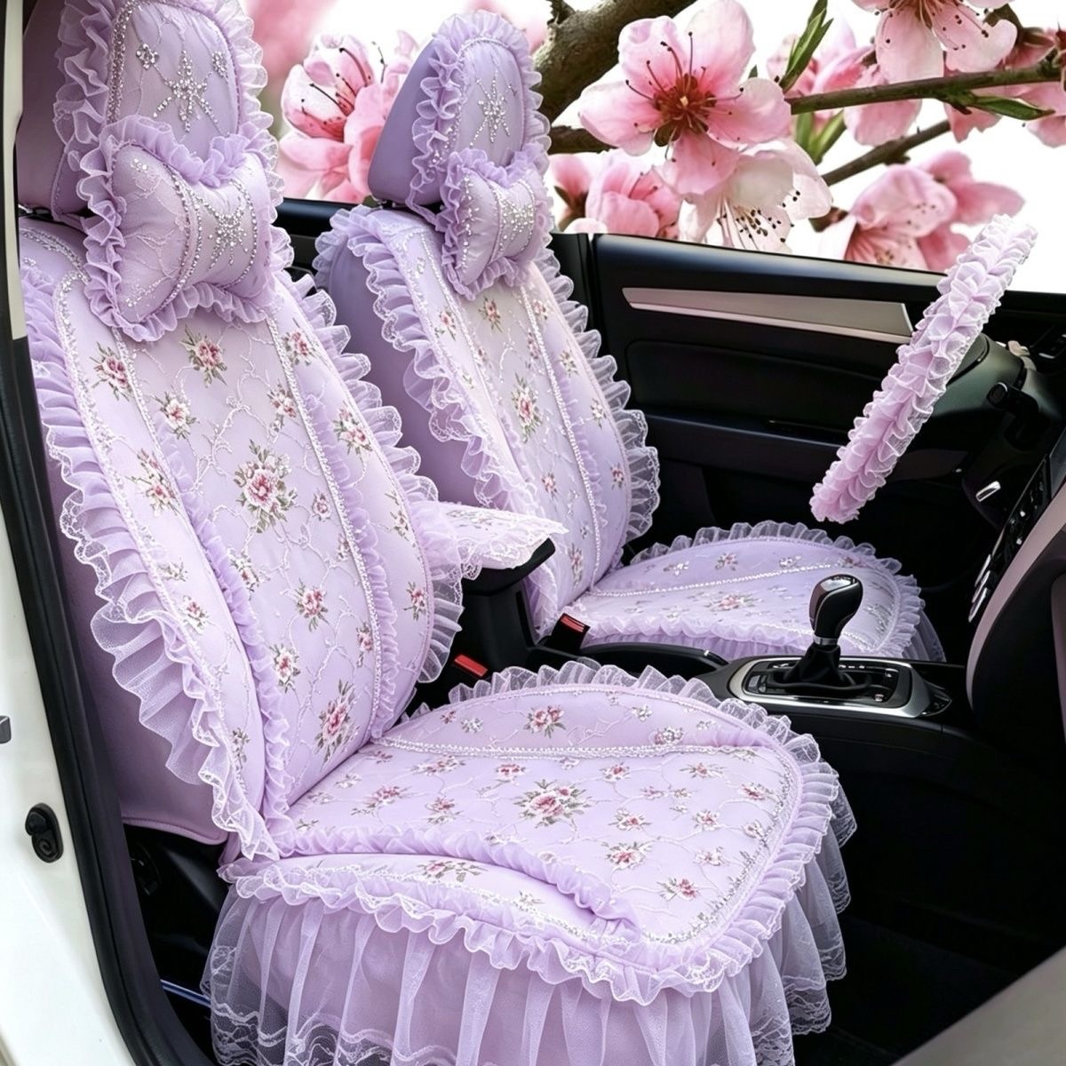 Luxury Universal Countryside lace Flower Car Seat Cover Bud Silk Floral Auto Seat Cushion 9pcs Sets - Purple