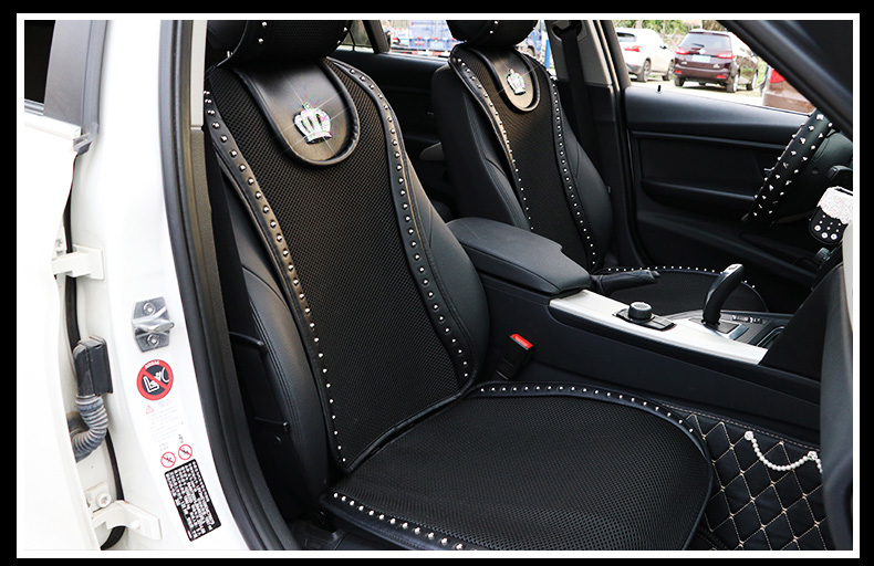 Crown Ice Silk Car Seat Covers Cool Rivet Universal Auto Cushion 2PC Front Cover - Black