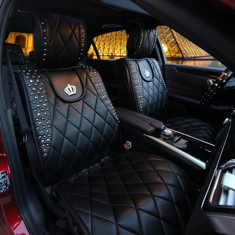 Crown Leather Auto Seat Covers Rivet Universal Auto Cushion 1PC Back Cover 2pcs Front Cover - Black