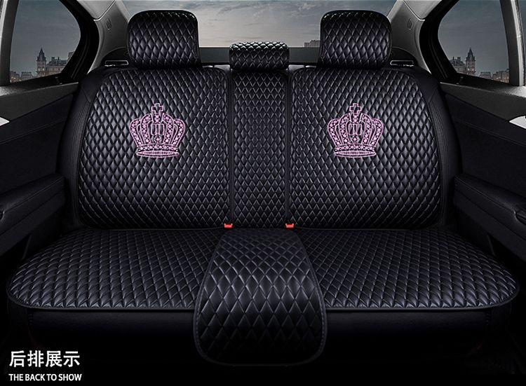 Crown Leather Car Seat Covers Beautiful Universal Auto Cushion 1PC Back Cover 2pcs Front Cover - Black Pink