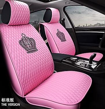 Crown Leather Car Seat Covers Beautiful Universal Auto Cushion 1PC Back Cover 2pcs Front Cover - Pink