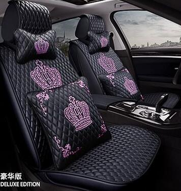 Crown Leather Car Seat Covers Beautiful Universal Auto Seat Cushion 10pcs Sets - Black Pink