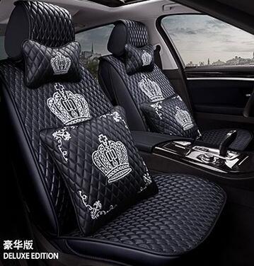 Crown Leather Car Seat Covers Beautiful Universal Auto Seat Cushion 10pcs Sets - Black