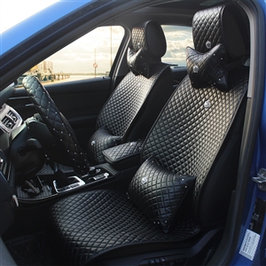 Crown Leather Car Seat Covers Beautiful Universal Auto Seat Cushion 12pcs Sets - Black