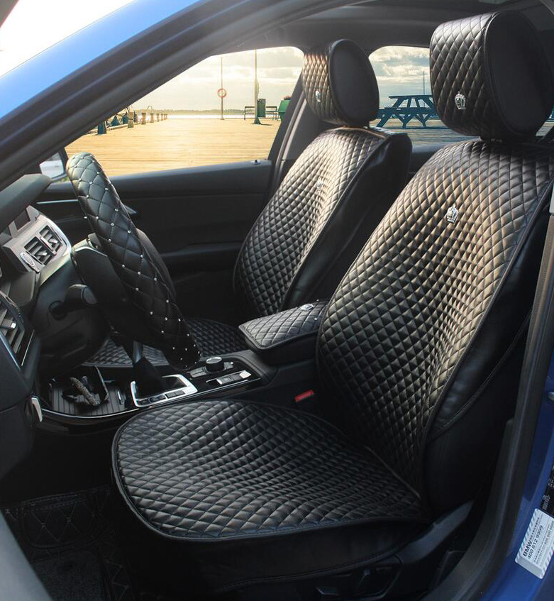 Crown Leather Car Seat Covers Beautiful Universal Auto Seat Cushion 8pcs Sets - Black