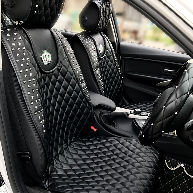 Crown Leather Car Seat Covers Rivet Universal Auto Cushion 1PC Back Cover 2pcs Front Cover - Black