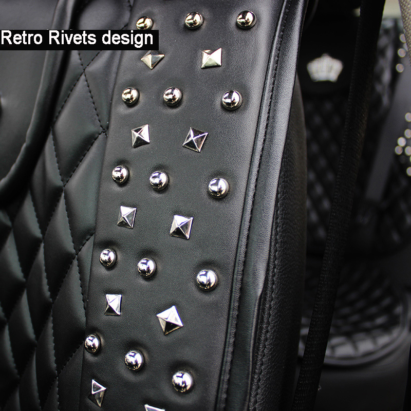 Crown Leather Auto Seat Covers Rivet Universal Auto Cushion 1PC Back Cover 2pcs Front Cover - Black