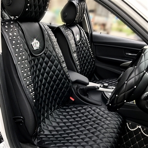 Crown Leather Car Seat Covers Rivet Universal Auto Cushion 1PC Back Cover 2pcs Front Cover - Black
