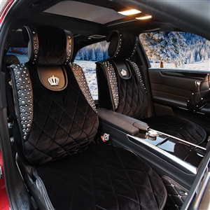 Crown Plush Car Seat Covers Cool Rivet Universal Auto Cushion 2PC Front Cover - Black