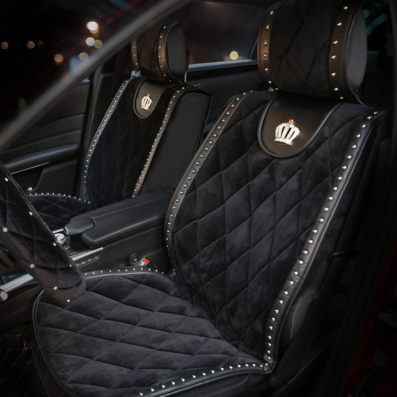 Crown Plush Car Seat Covers Punk Rivet Universal Auto Cushion 1PC Front Cover - Black
