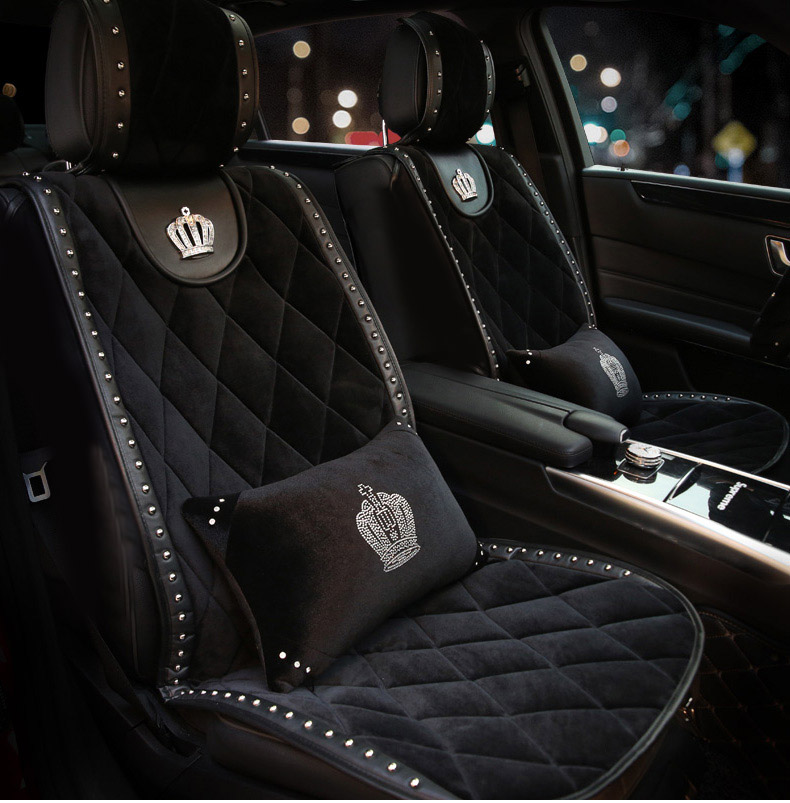 Crown Plush Car Seat Covers Punk Rivet Universal Auto Cushion 1PC Front Cover - Black