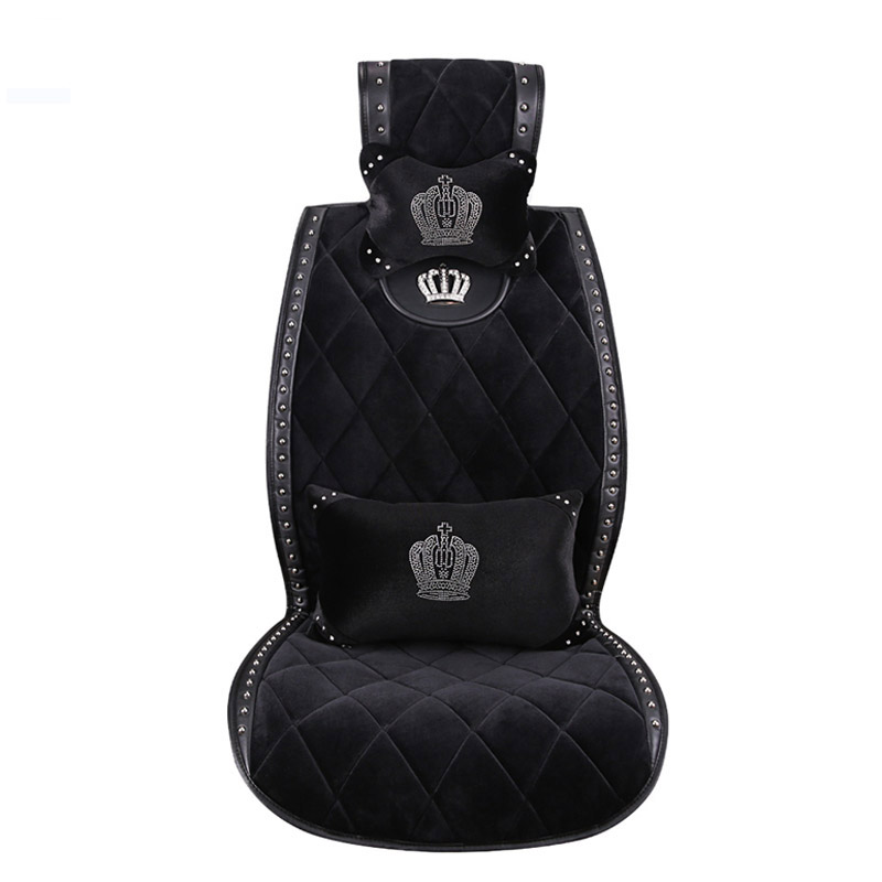 Crown Plush Car Seat Covers Rivet Universal Auto Cushion 1PC Back Cover 2pcs Front Cover With 4 Pillows - Black