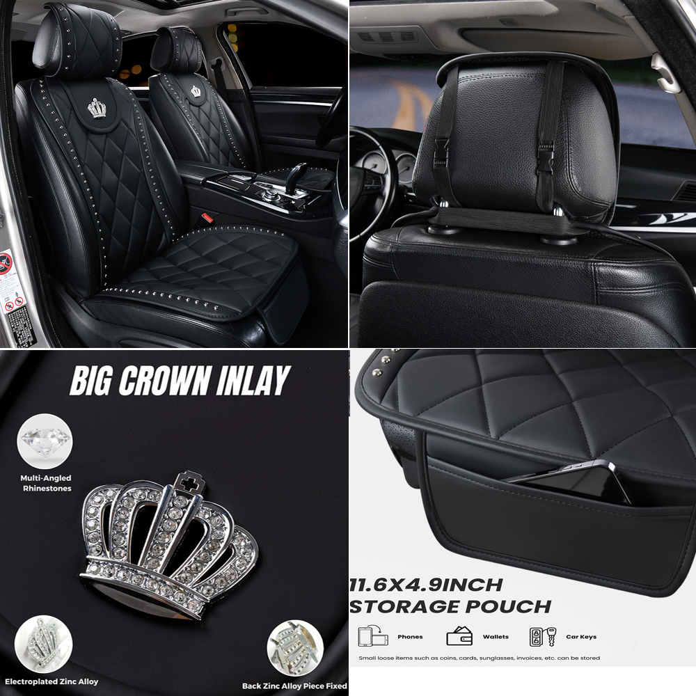 Luxury Crown Rivet Nappa Leather Car Seat Covers Lattice Universal Automobile Seat Cushion 7pcs Sets - Black 2