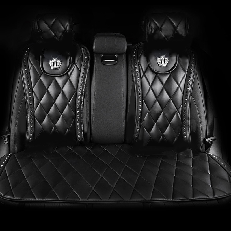 Luxury Crown Rivet Nappa Leather Car Seat Covers Lattice Universal Automobile Seat Cushion 7pcs Sets - Black 2