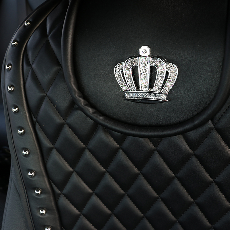 Luxury Crown Rivet Nappa Leather Car Seat Covers Lattice Universal Automobile Seat Cushion 7pcs Sets - Black