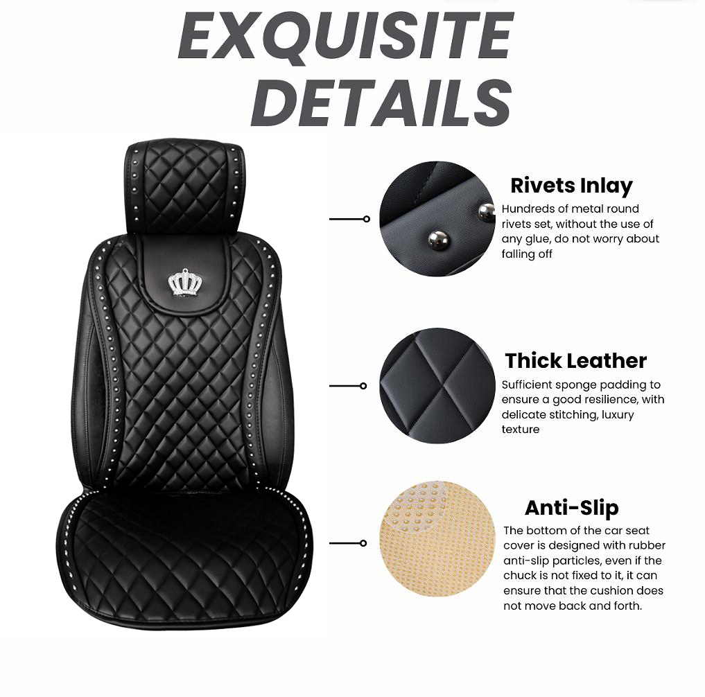 Luxury Crown Rivet Nappa Leather Car Seat Covers Lattice Universal Automobile Seat Cushion 7pcs Sets - Black