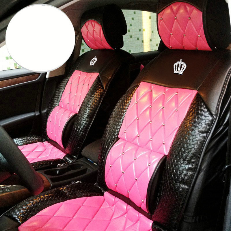 Luxury Crystal Crown Universal Automobile Leather Car Seat Cover Cushion 10pcs Sets - Rose