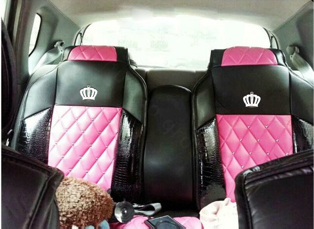 Luxury Crystal Crown Universal Automobile Leather Car Seat Cover Cushion 10pcs Sets - Rose