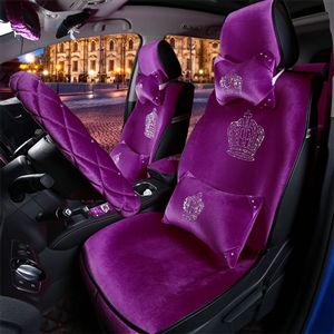 Luxury Crystals Plush Crown Car Seat Covers Gorgeous Universal Auto Seat Cushion 11pcs Sets - Purple