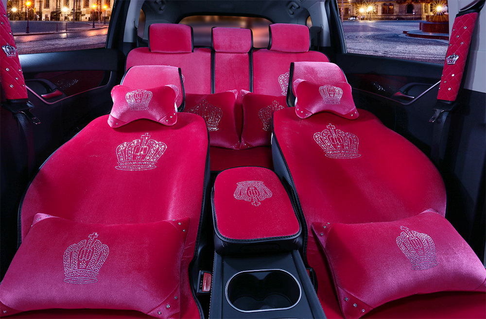 Luxury Crystals Plush Crown Car Seat Covers Gorgeous Universal Auto Seat Cushion 11pcs Sets - Rose